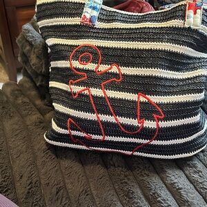 Vera Bradley Black and White Striped Tote with Red Anchor